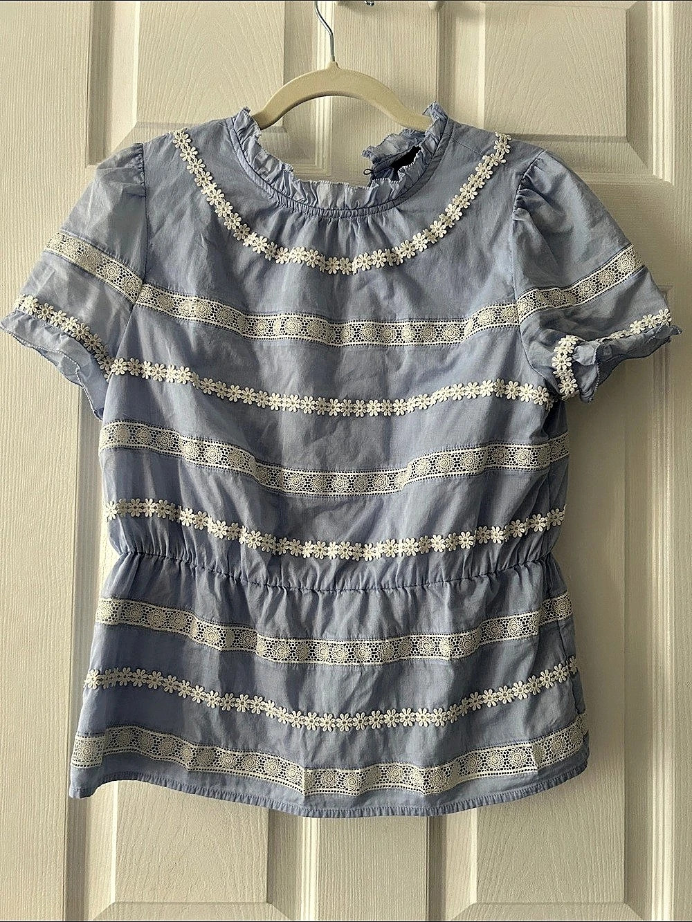 J.Crew Smocked Ruffle-Trim Top Blue & White Small